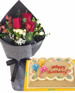 3 Pcs Red Roses with  Greeting Cake